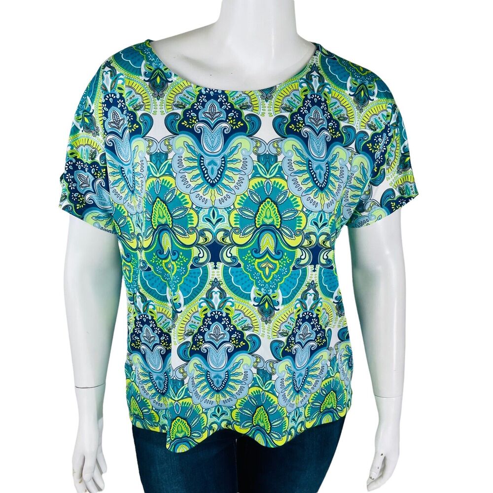 Ellen Weaver Womans Sz 2X‎ Plus Blouse Abstract Stretch Short Sleeve Stretch